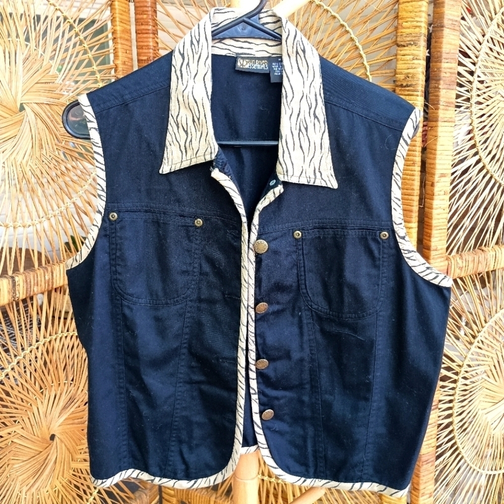 Vintage Sun River Essentials Black Denim Vest with Zebra Trim_Med